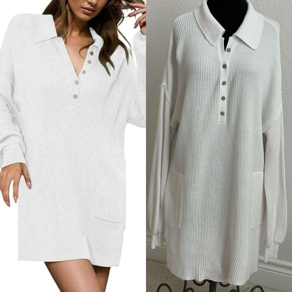 Free People Beach Ribbed Knit Sweater L White Collared Pockets Earthy Boho Chic